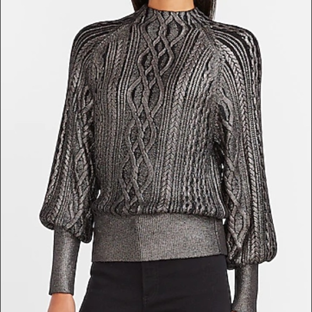 Express Metallic Foil Cable Knit Mock Neck Sweater